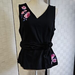 Elle Black Tank Top with Pink Floral Embroidery